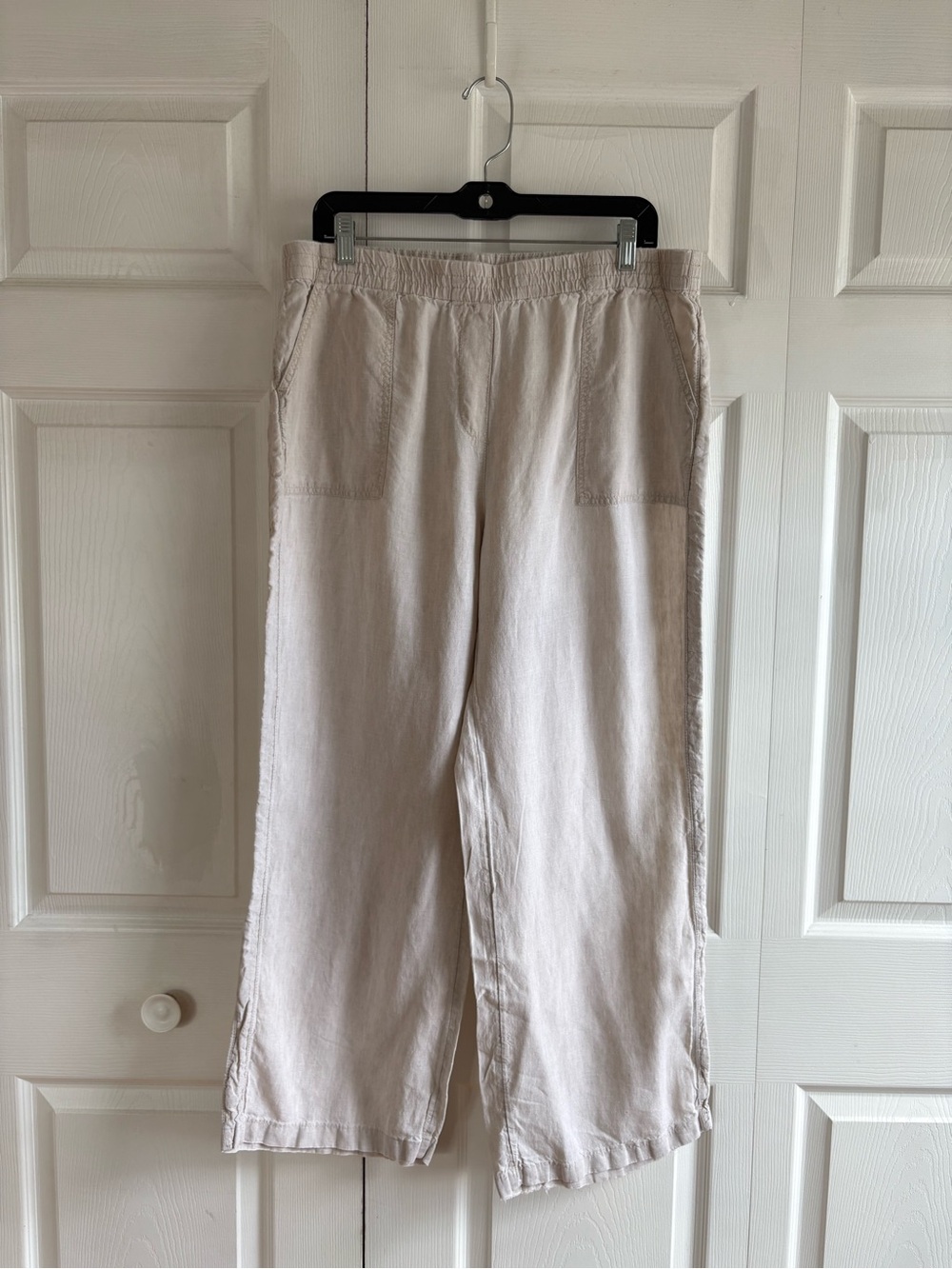 Chico’s Linen Wife Leg Tan Beige Cropped Pants L Elastic Waist Lagenlook Resort